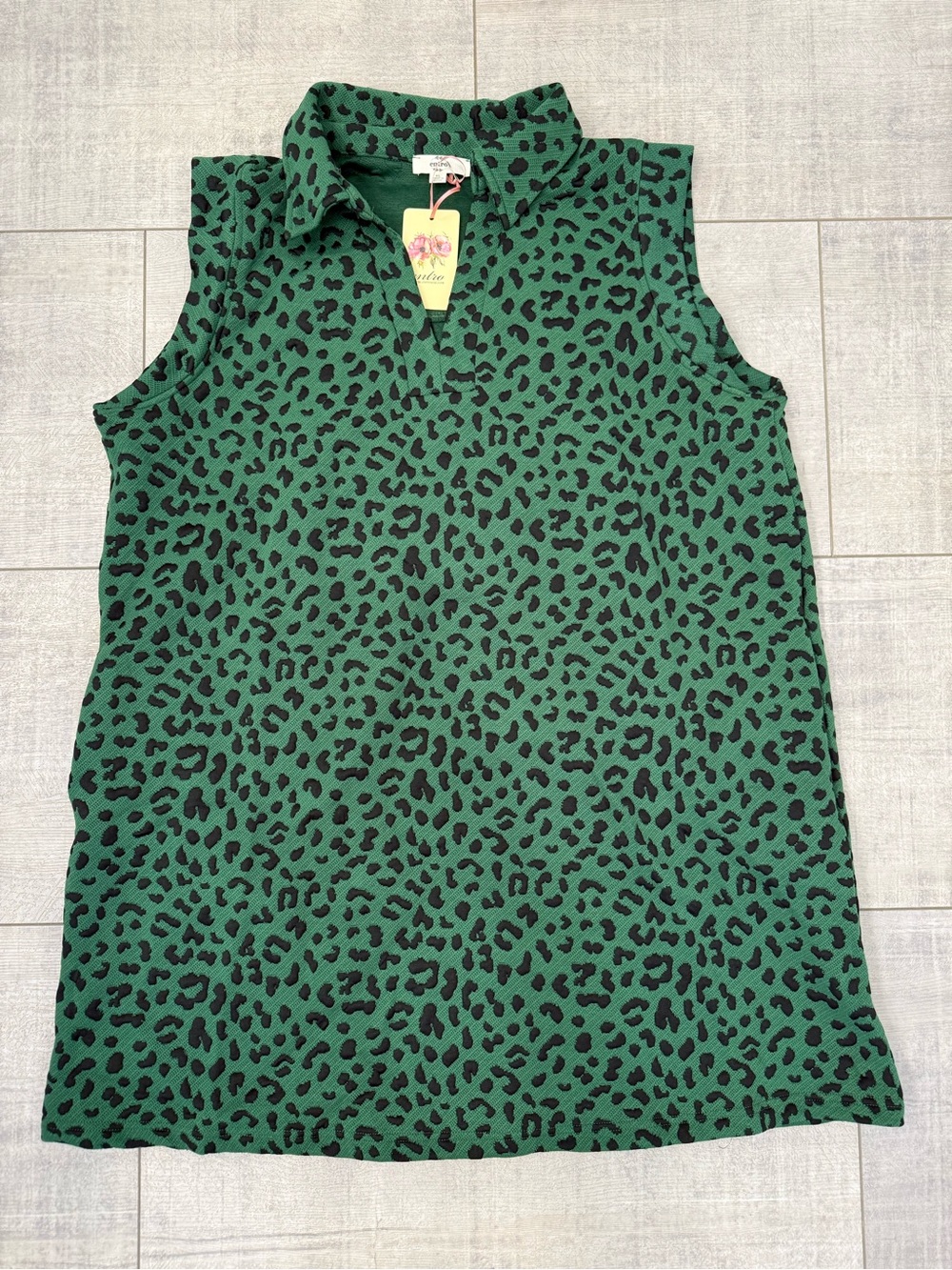 Entro Women Green Leopard Print Shift Shirt Dress Sleeveless Collared Size XL - Picture 6 of 9
